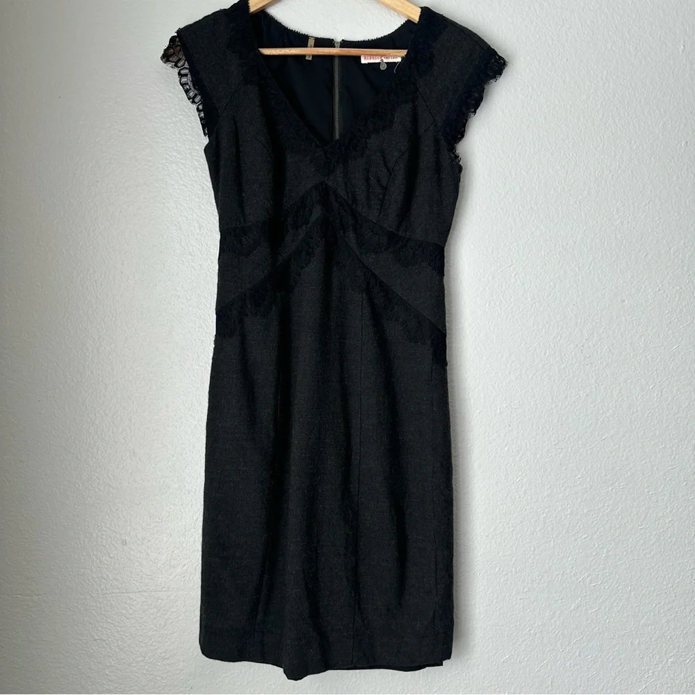Rebecca Taylor Dark Gray Dress Black‎ Lace Trim sheath dress Size 2